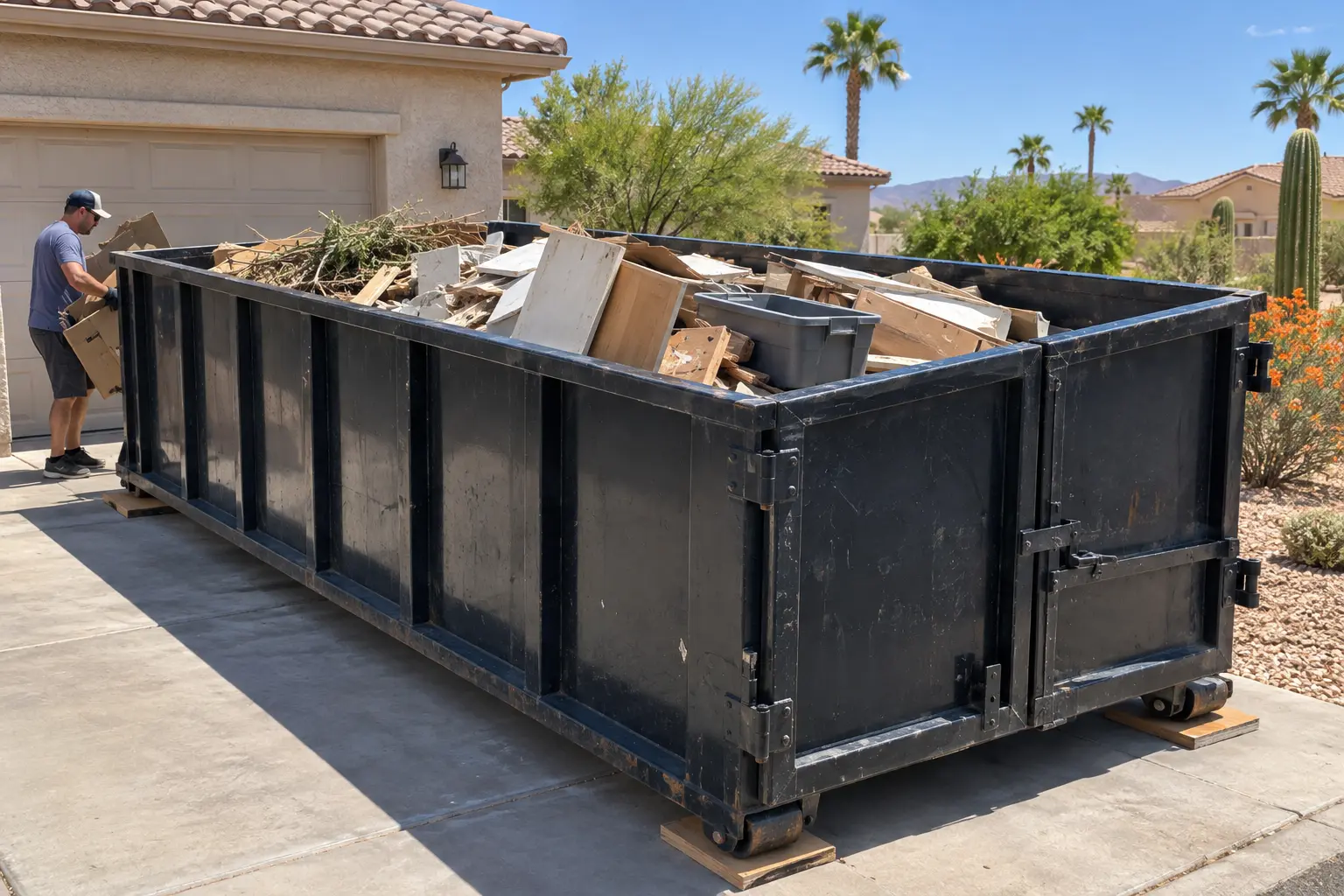 Accepted dumpster materials in a black roll-off dumpster in Yuma, Arizona