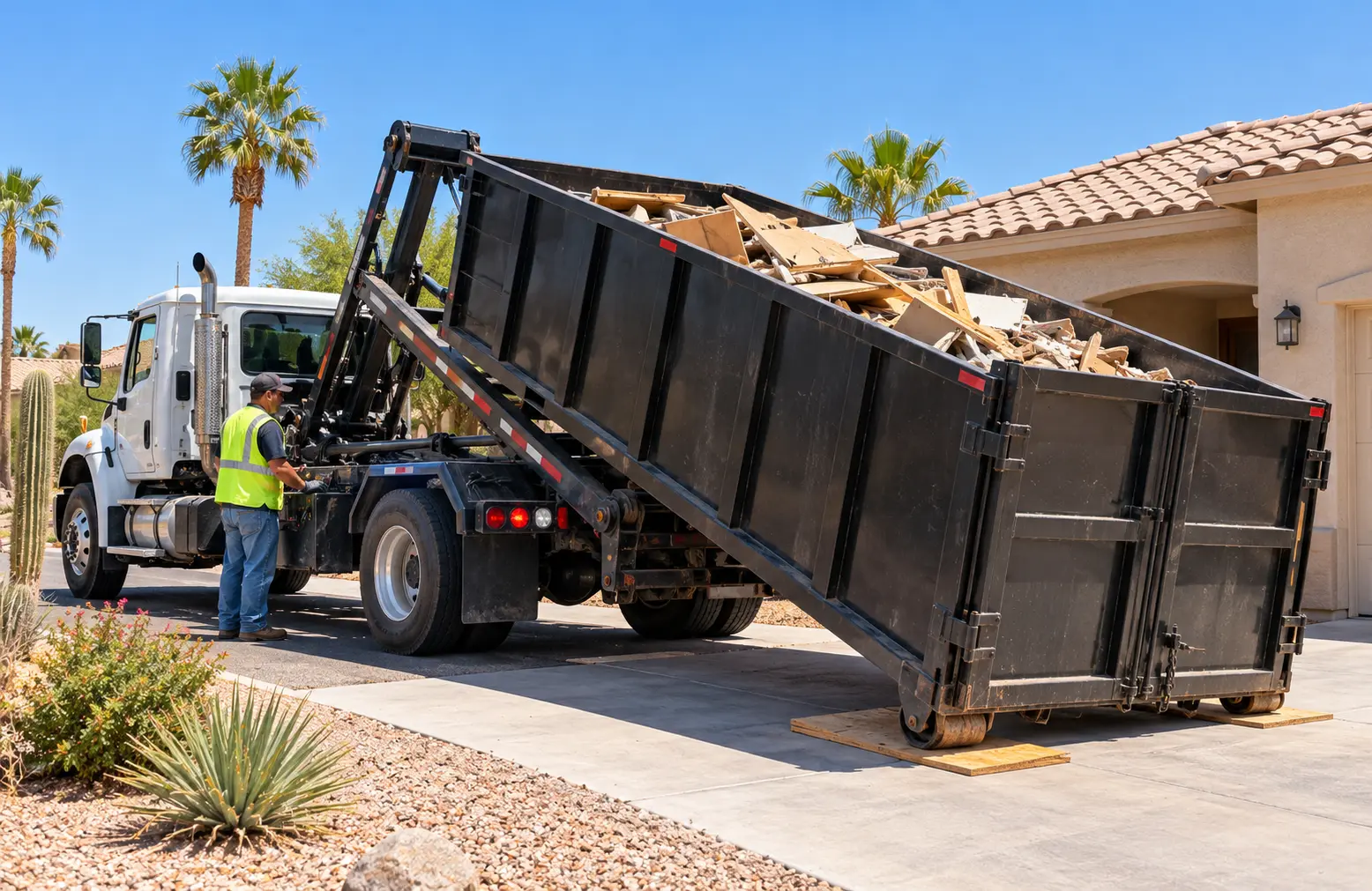 Hook-lift truck picking up a loaded black roll-off dumpster in Yuma, Arizona