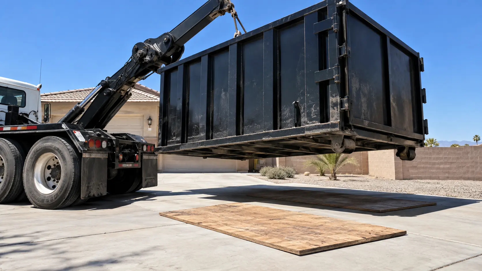 Hooklift truck delivering a roll-off dumpster in Yuma, AZ