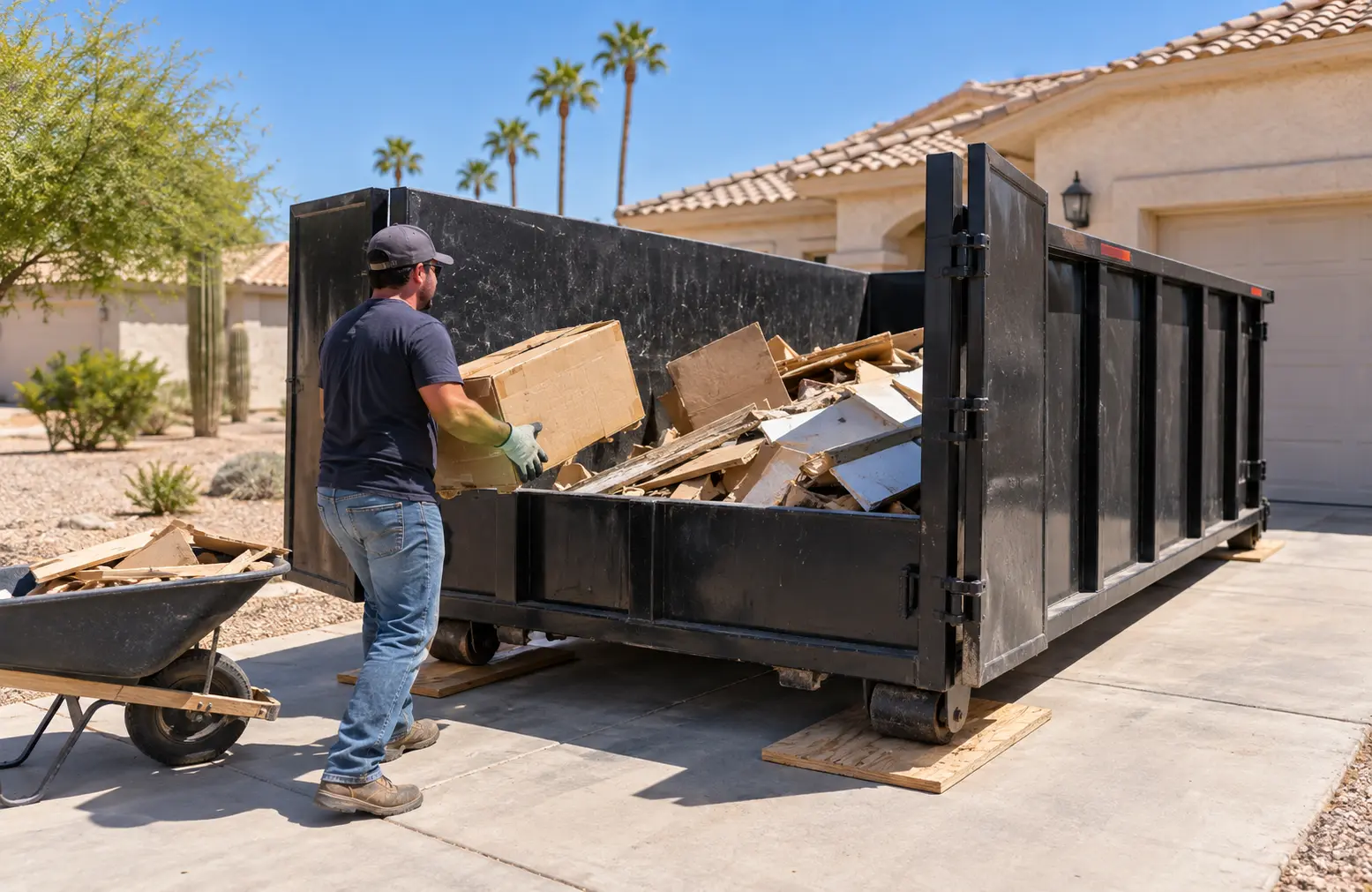 Homeowner loading a black roll-off dumpster at a residence in Yuma, Arizona