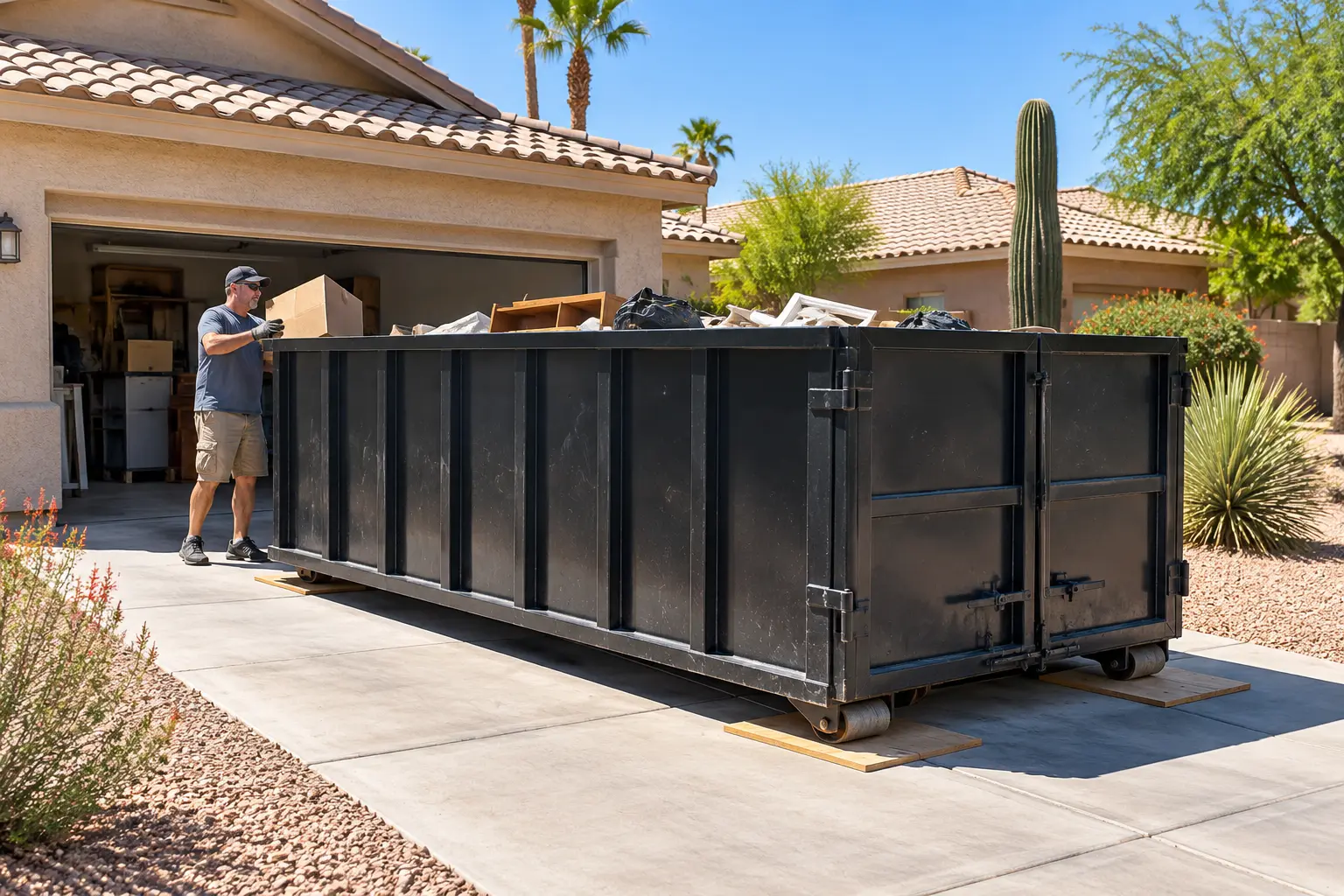 Black roll-off dumpster on a residential driveway in Yuma, Arizona