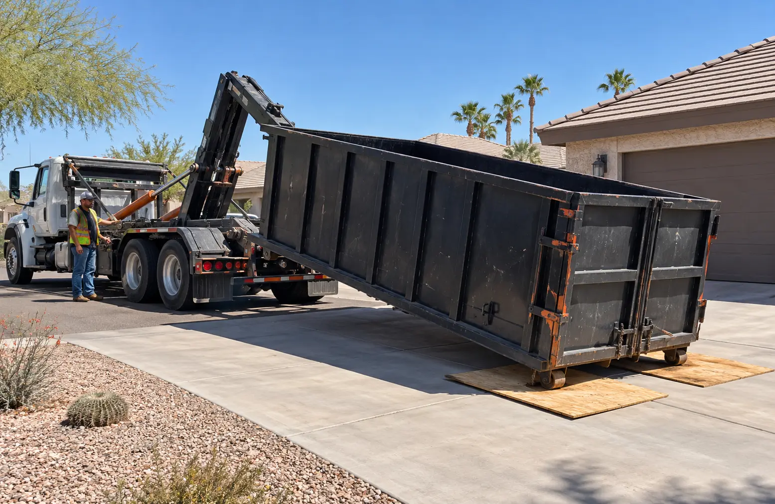 Roll-off dumpster being delivered to a residential driveway in Yuma, Arizona