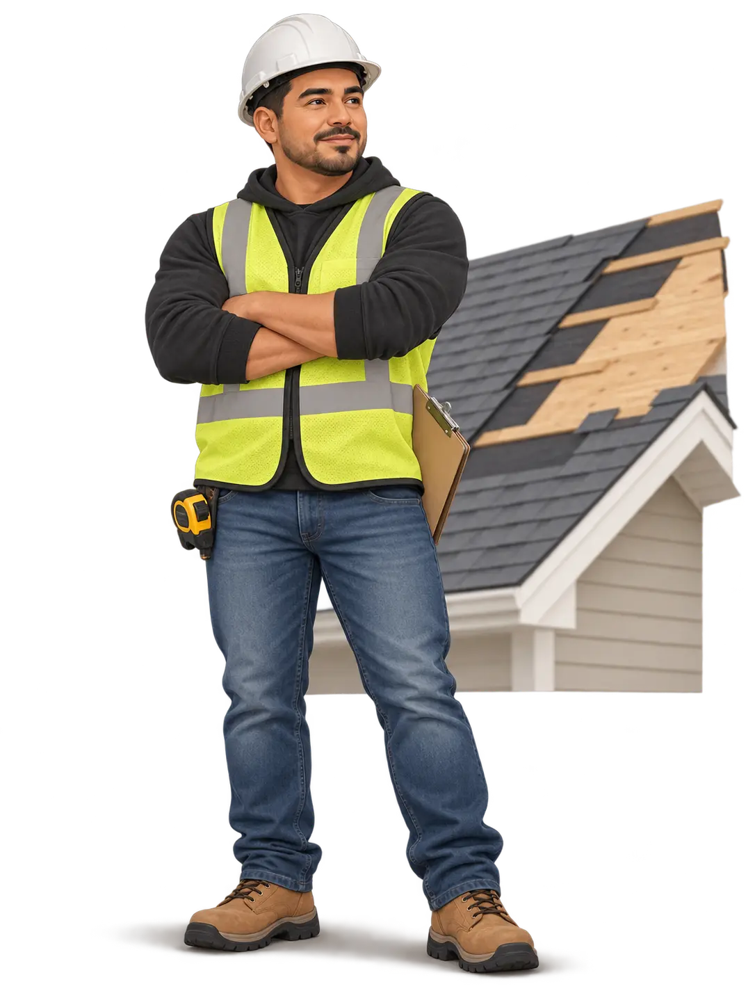 Roofing contractor wearing a safety vest and hard hat