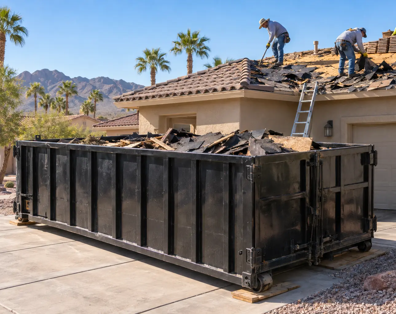 Black roofing dumpster at a roof tear-off project in Yuma, Arizona