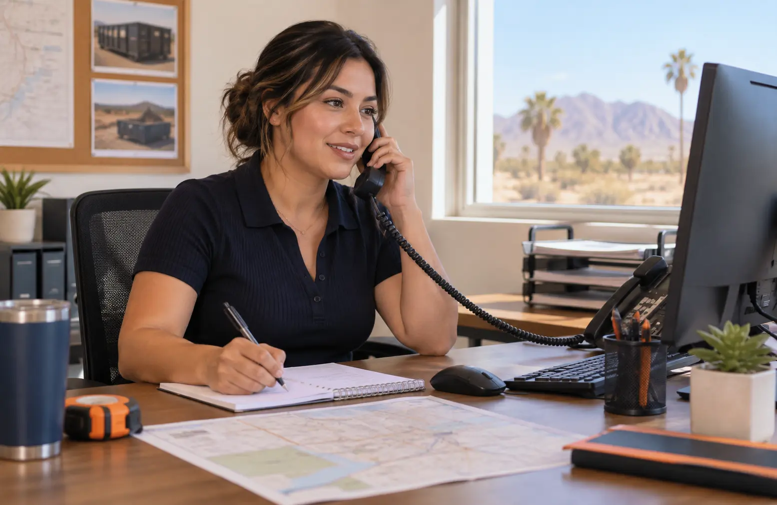 Dumpster rental dispatcher taking a customer quote call in Yuma, Arizona