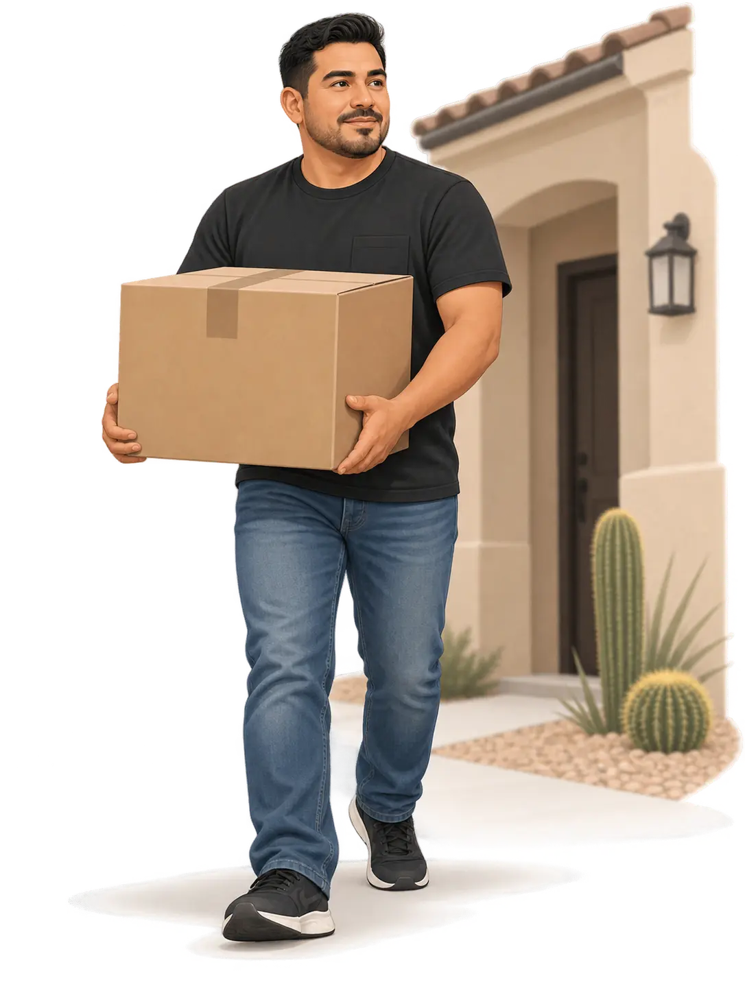 Yuma homeowner holding a moving box outside a stucco home