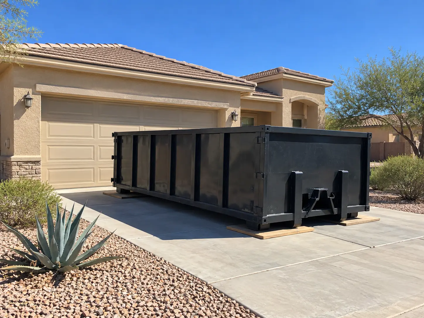 Roll-off dumpster placed on a private driveway at a Yuma, Arizona home