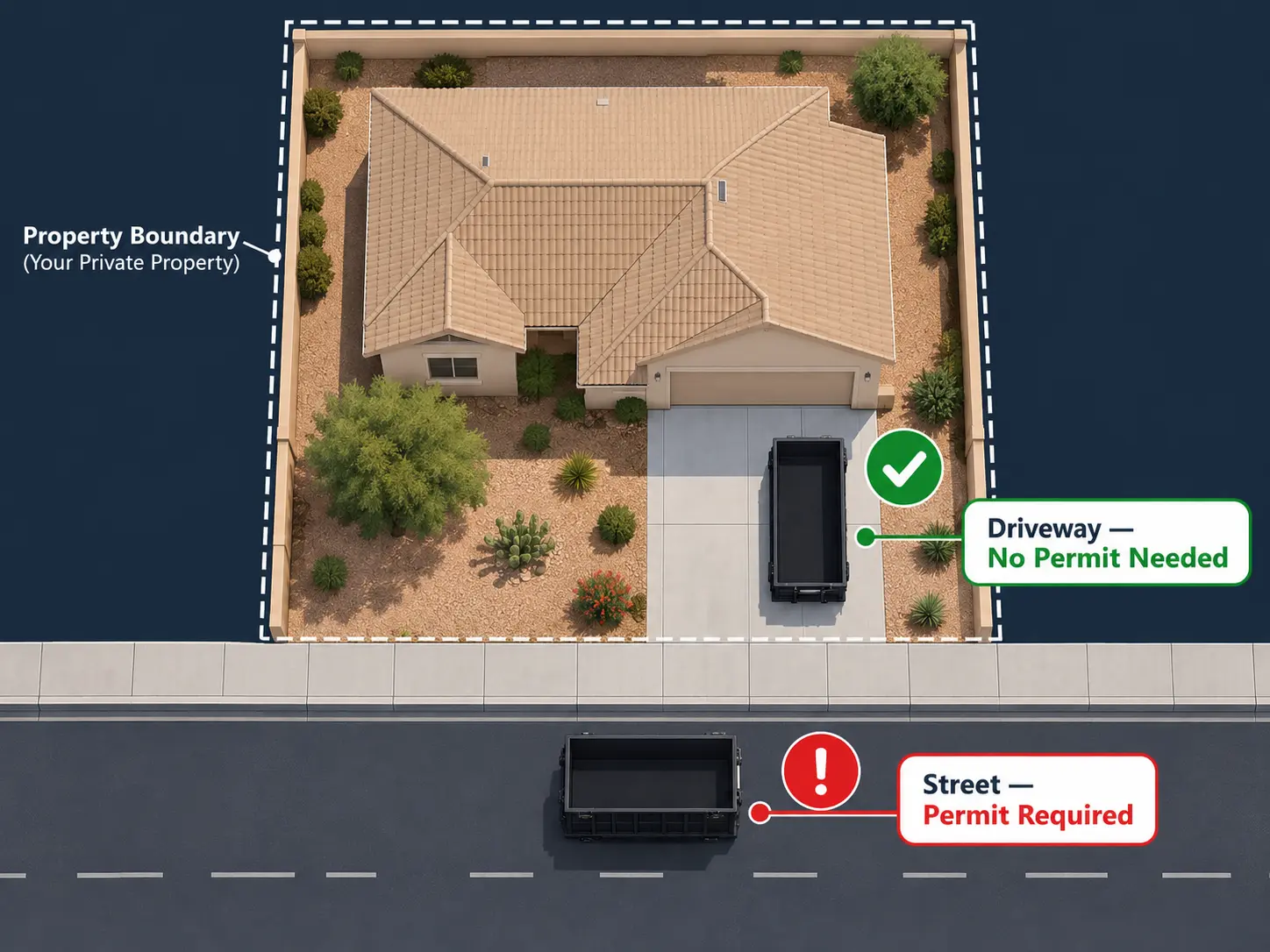 Private driveway no-permit placement compared with street permit-required placement in Yuma