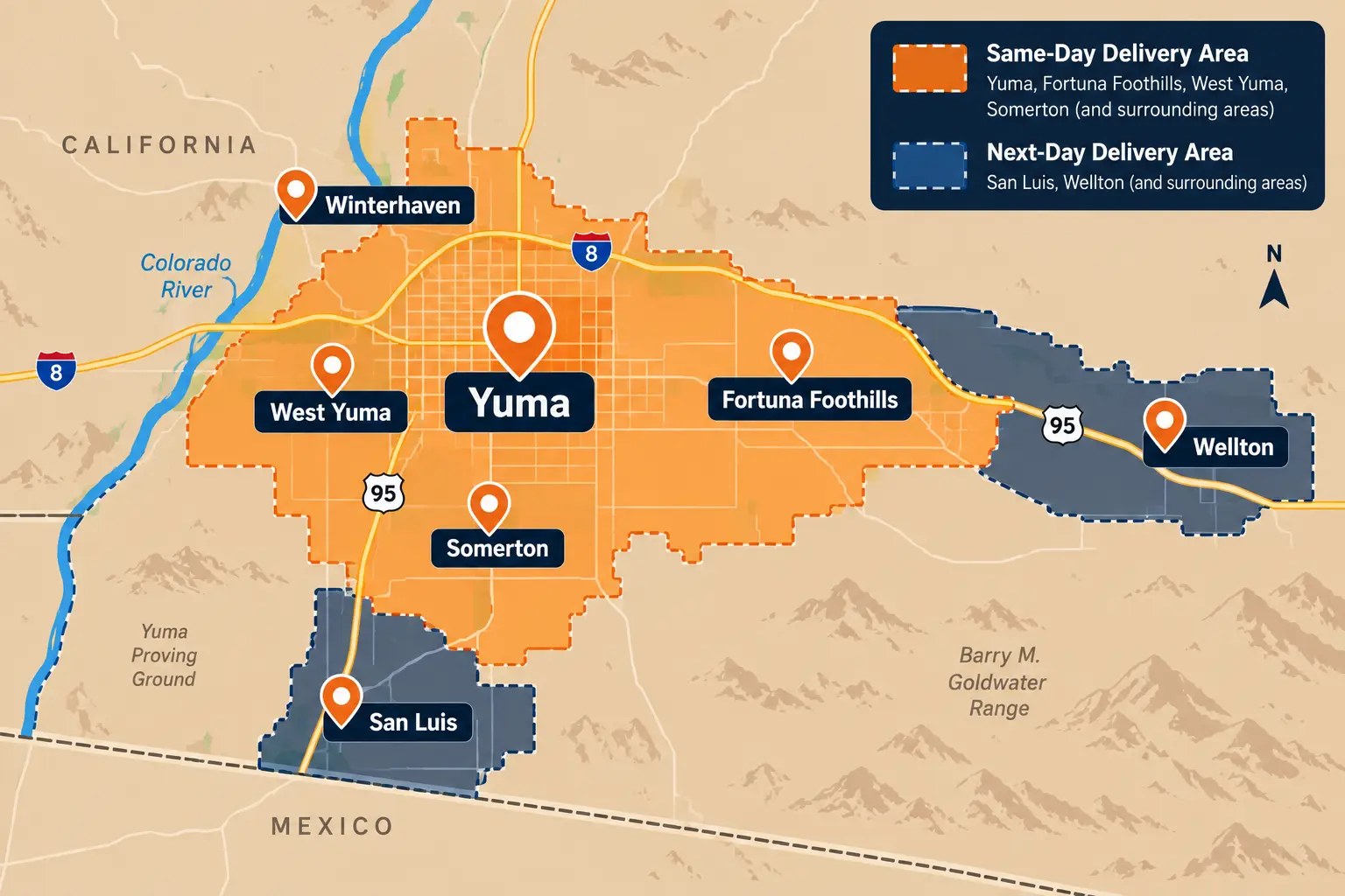 Dumpster Rental Yuma service area map covering Yuma, Fortuna Foothills, West Yuma, Somerton, San Luis, Wellton, and Winterhaven